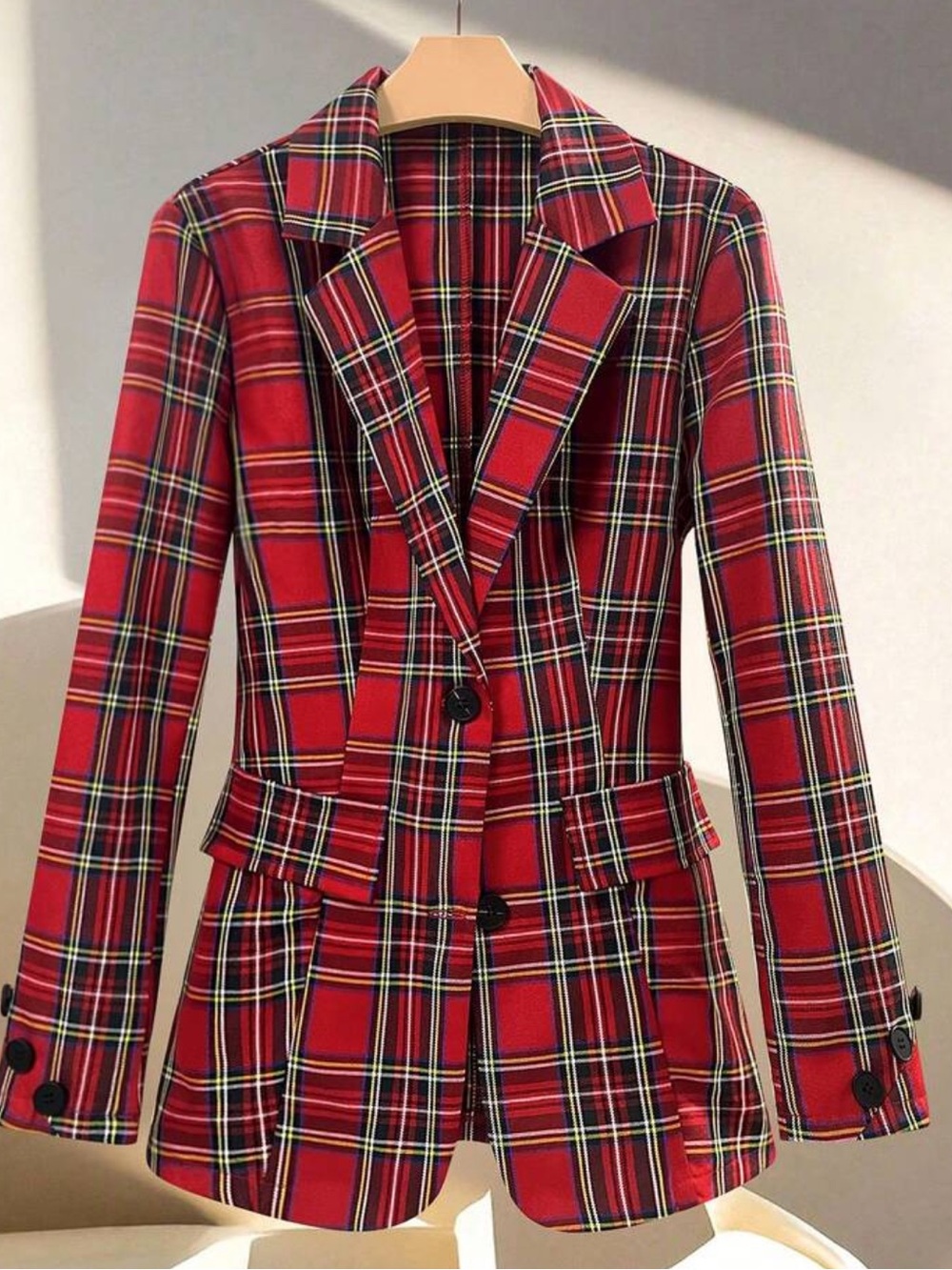 Women's Casual Christmas Plaid Single-Breasted Fitted Long Sleeve Blazer Spring